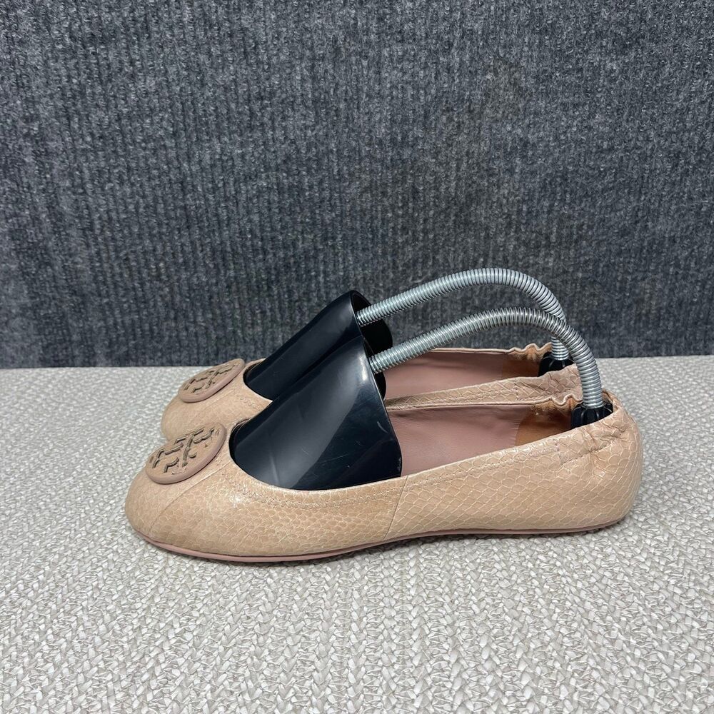 Tory Burch Minnie Travel Foldable Ballet Flats Tan Snakeskin Leather Logo 8.5 M - Picture 4 of 7